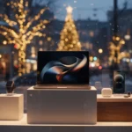 Vitrine de magasin illuminée un soir de décembre, avec un ordinateur portable et des appareils électroniques exposés