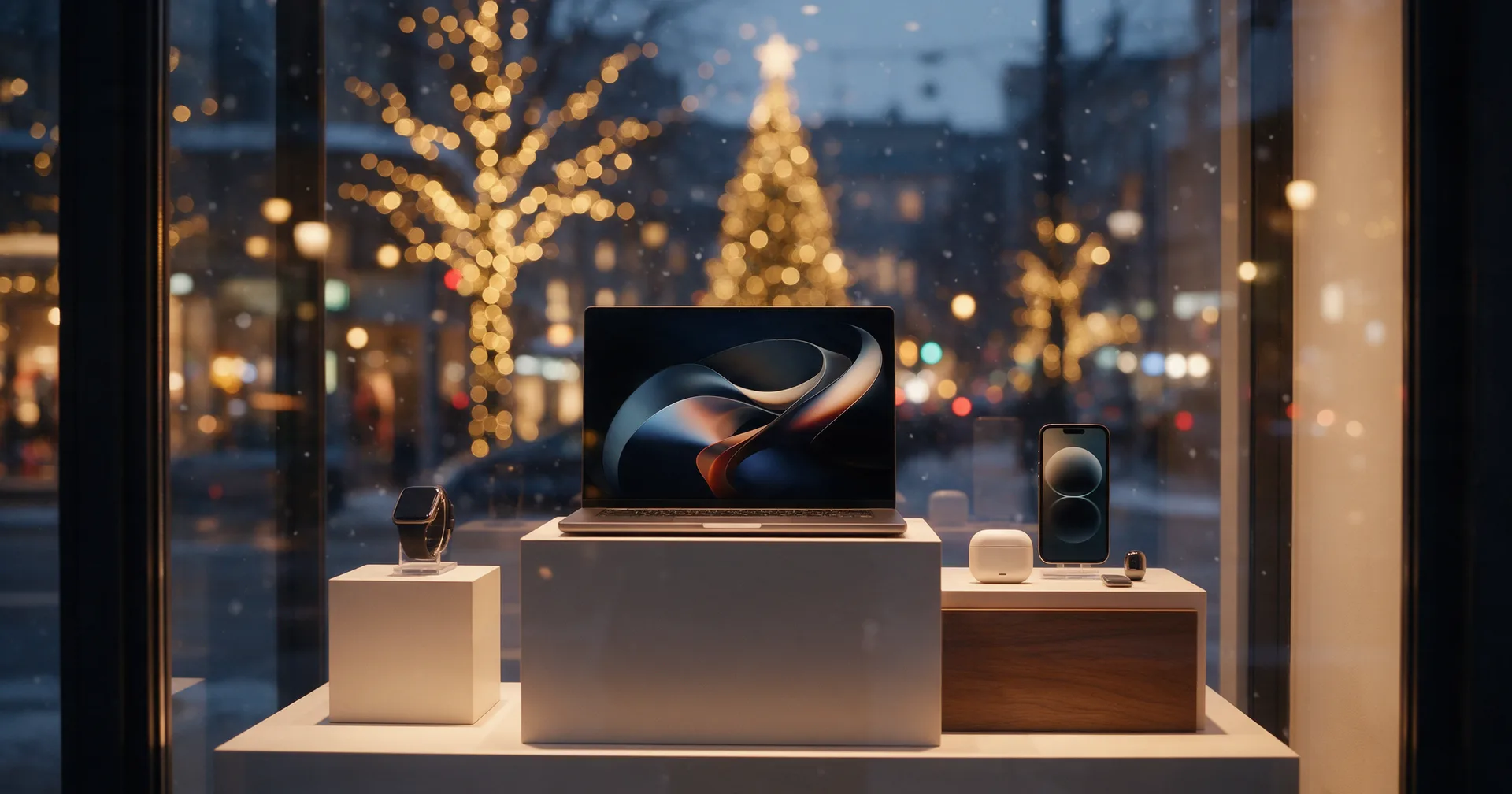 Vitrine de magasin illuminée un soir de décembre, avec un ordinateur portable et des appareils électroniques exposés