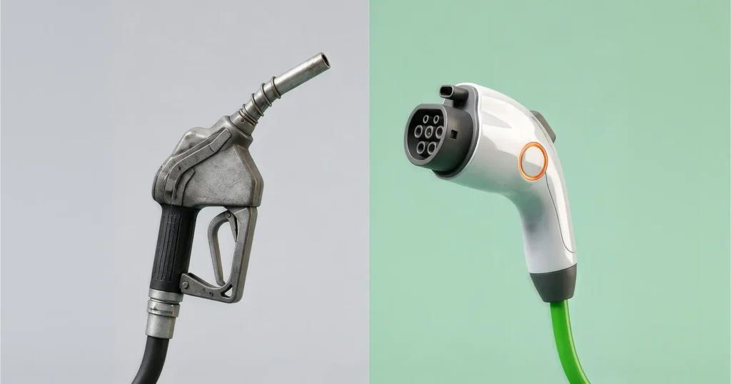 pistolet essence en vis à vis d'une prise de recharge éléctrique