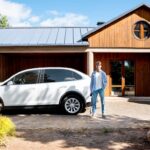 Un homme devant sa maison avec sa voiture garée