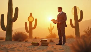 Homme dans un désert avec des pièces géantes