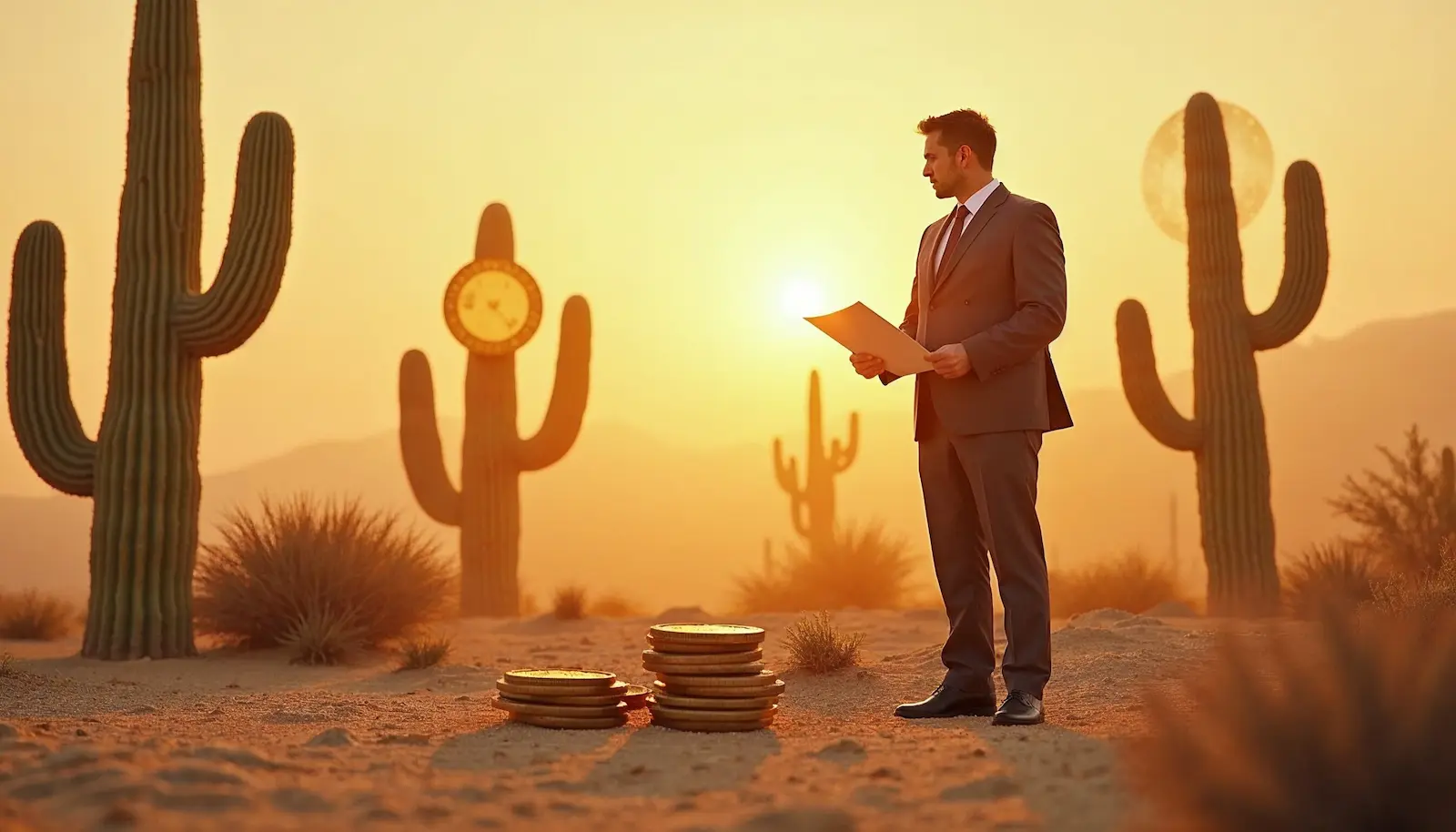 Homme dans un désert avec des pièces géantes